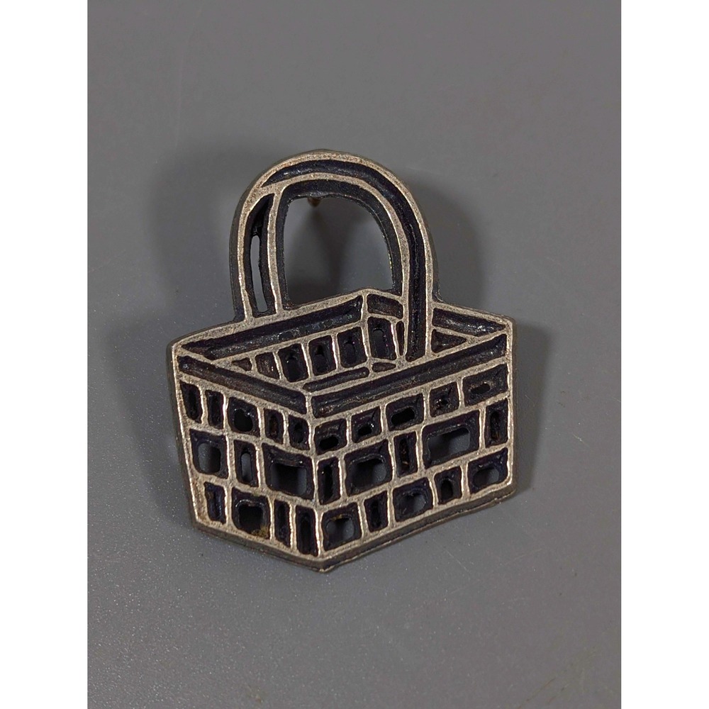 Ann Clark Pewter Basket Pin 1996‎ Vintage Signed Brooch Silver Tone